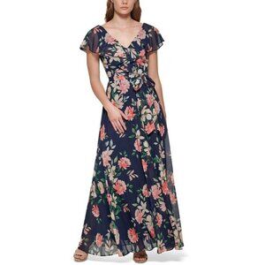 Eliza J Navy Floral Maxi Dress with Pink & Green Print